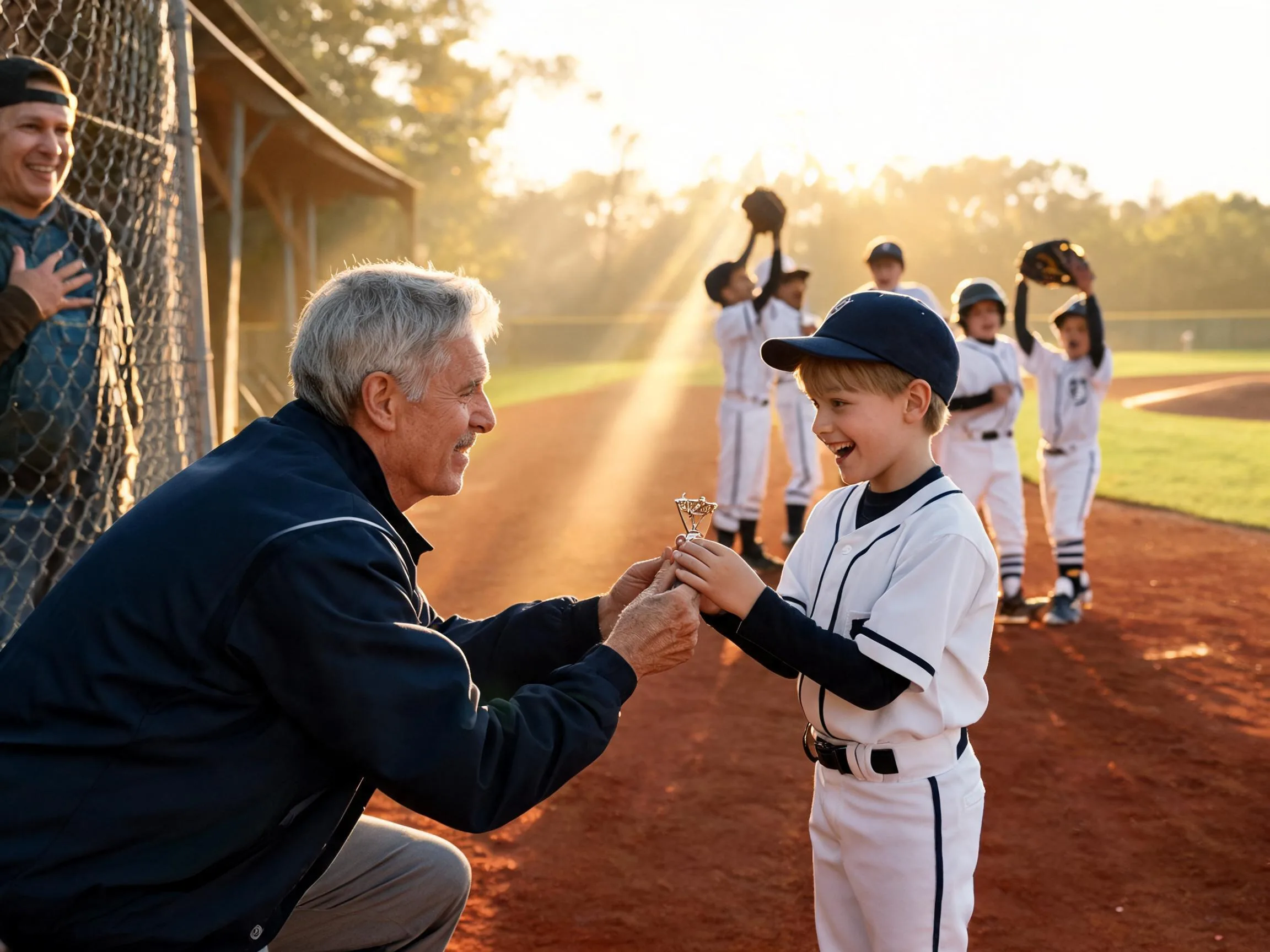 Coach and young athlete share emotional moment on sunlit baseball diamond near dugout.