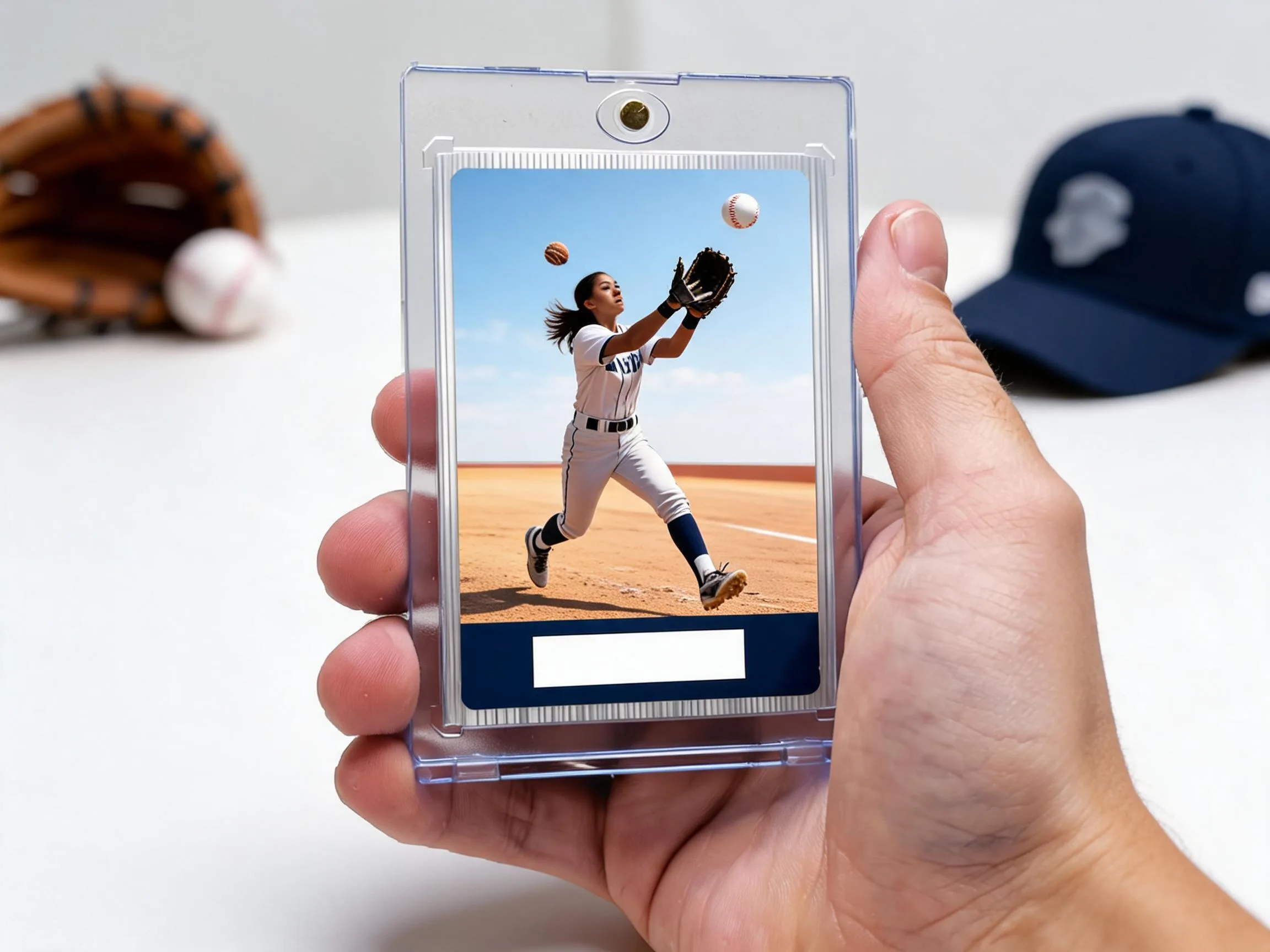 Custom baseball trading card in magnetic case, shortstop action photo, blank footer.