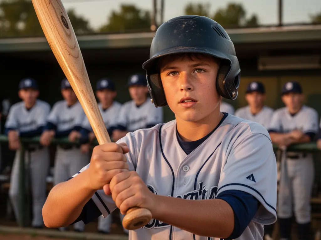 Young baseball player holding bat with determined expression before stepping to plate