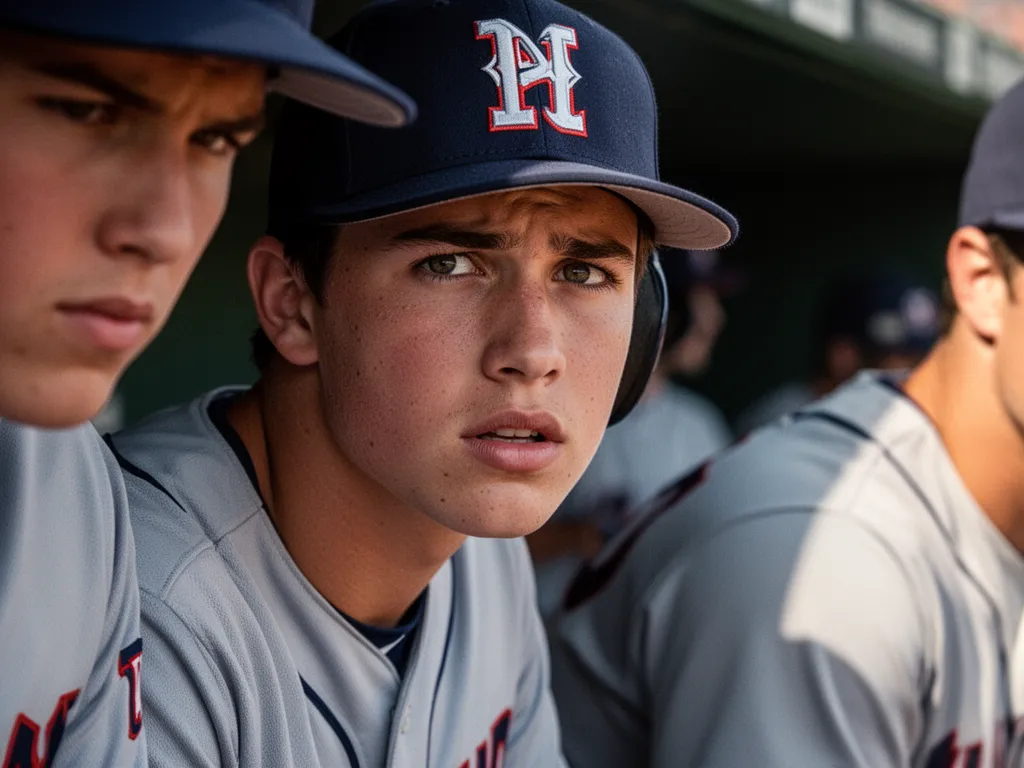 Young baseball player in dugout showing concentrated expression wearing team uniform and cap