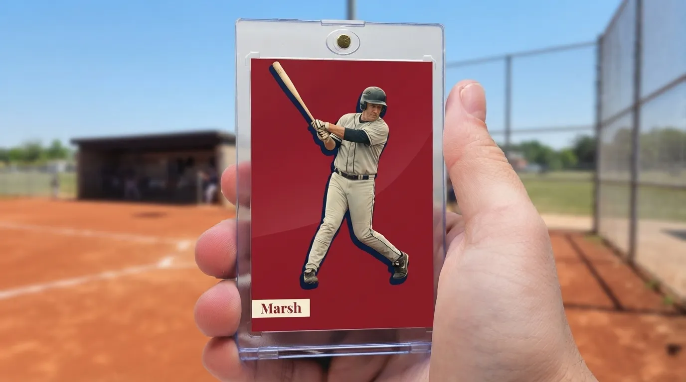 Baseball senior night ceremony with parents and player holding a custom trading card at home plate