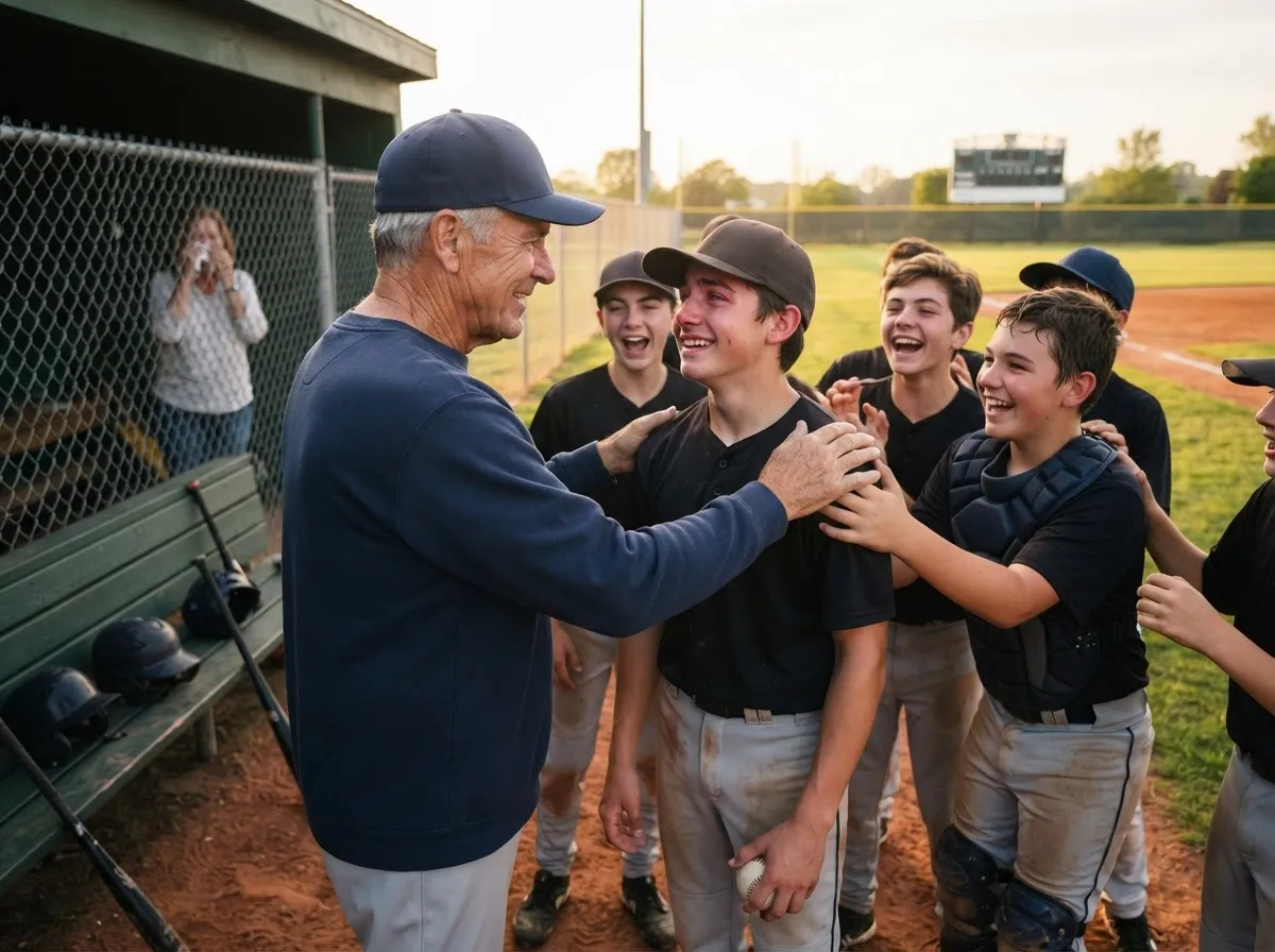 High school baseball senior walking out during senior night recognition with family and teammates cheering nearby