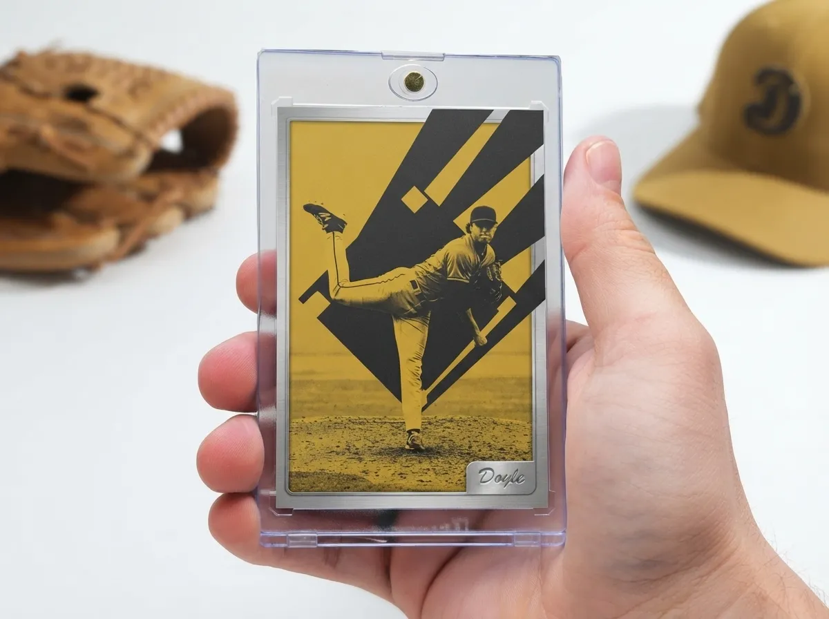 Custom baseball trading card printed on premium card stock displayed in a free magnetic protective case