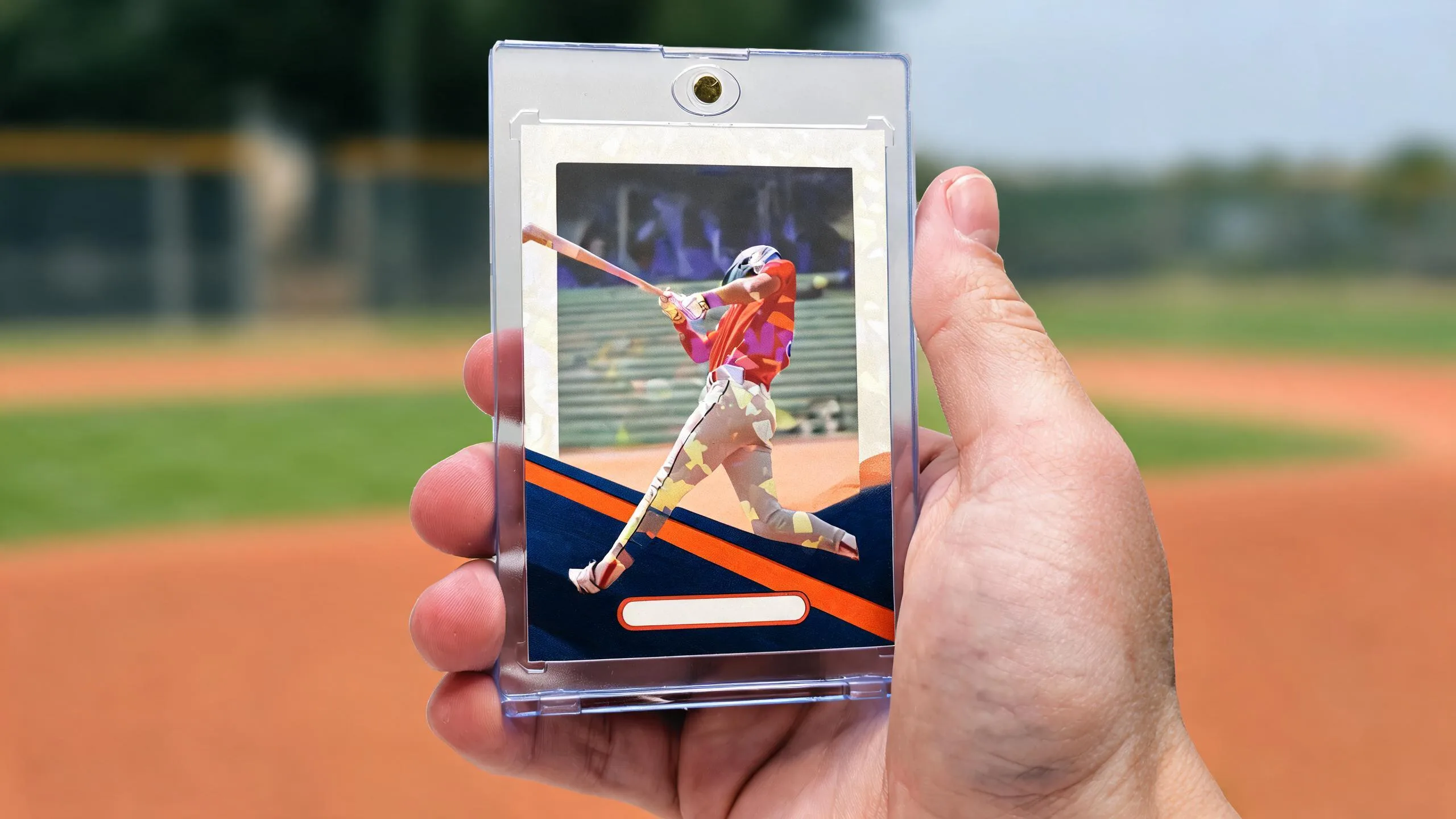 Hand holding magnetic case with baseball sports cards batter design, navy and orange diagonal band.