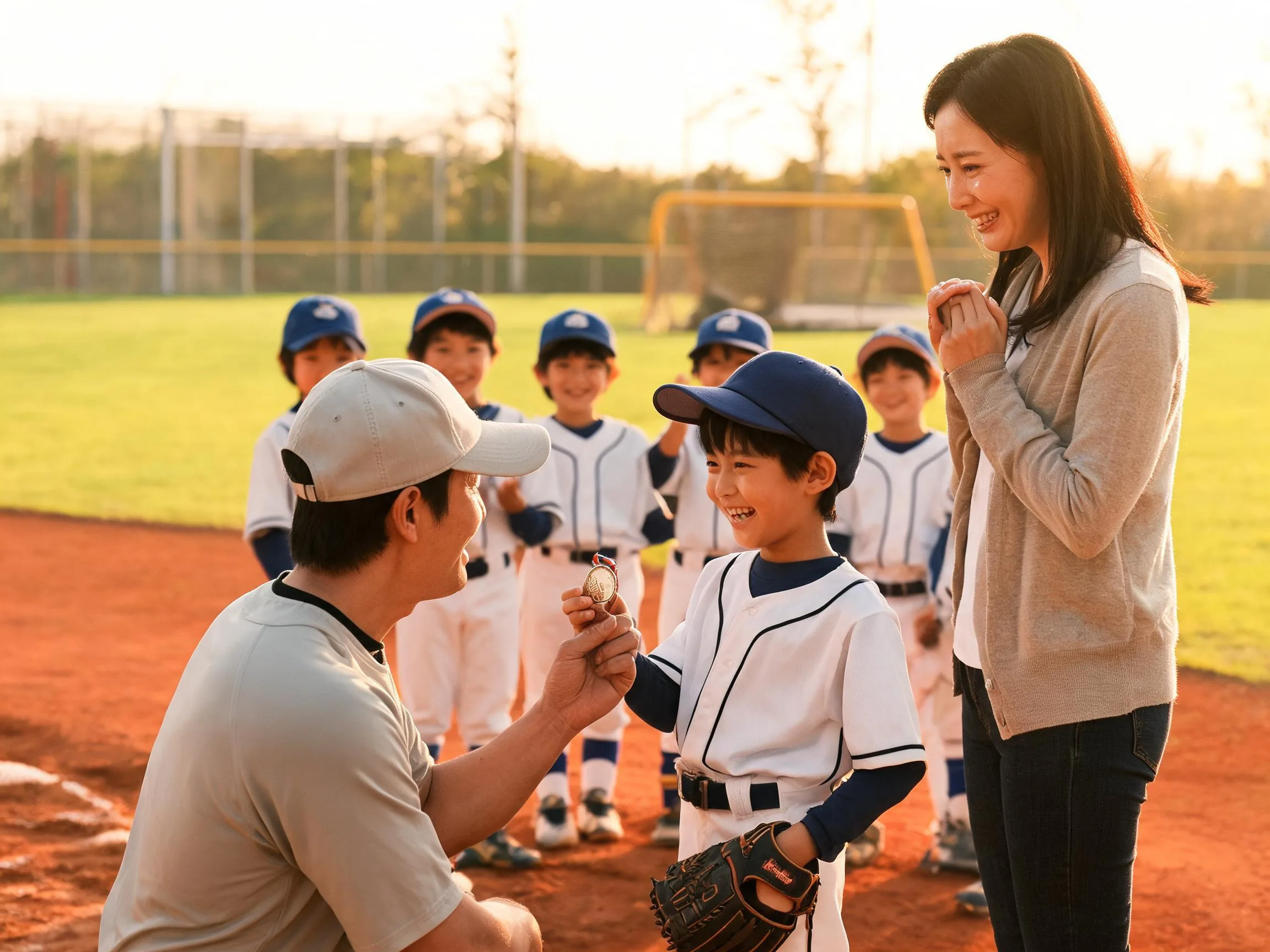 Coach and proud parent celebrate with young baseball player on sunlit diamond field.