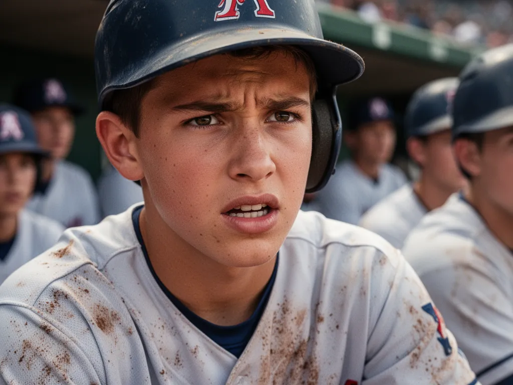Young baseball player's determined expression in dugout surrounded by supportive teammates during game