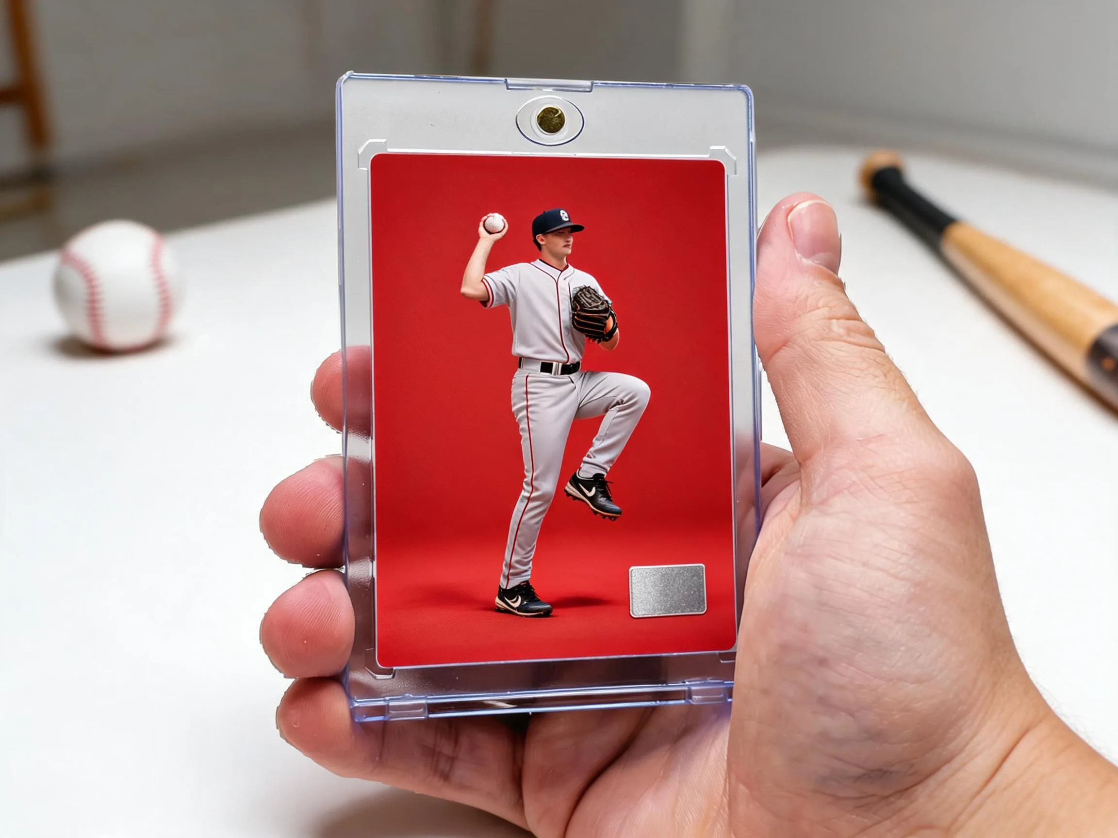 Custom baseball trading card in magnetic case, red editorial design with pitcher figure.