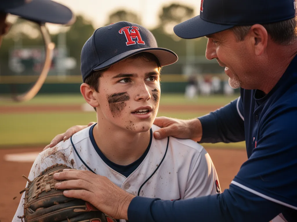 [Youth baseball player with encouraging coach after sliding into base, showing mentorship and team support]