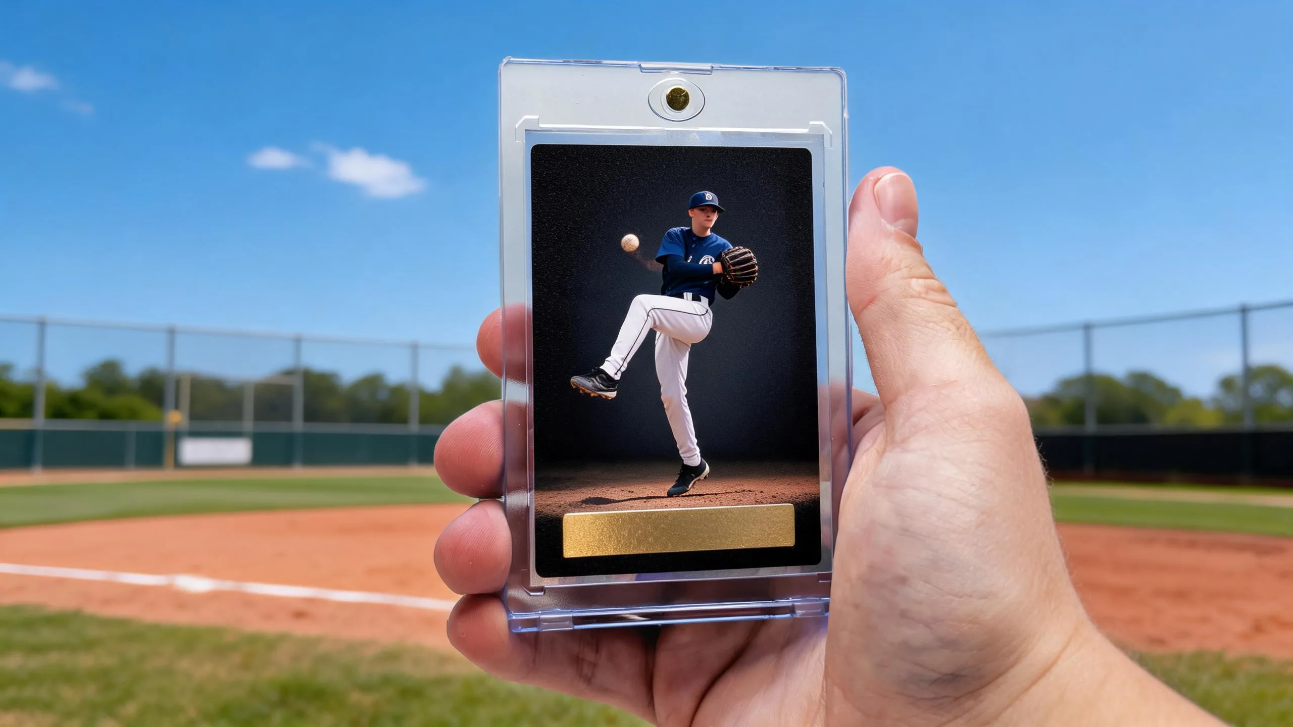 Hand holding magnetic case with premium baseball card, a standout baseball team mom gift idea.
