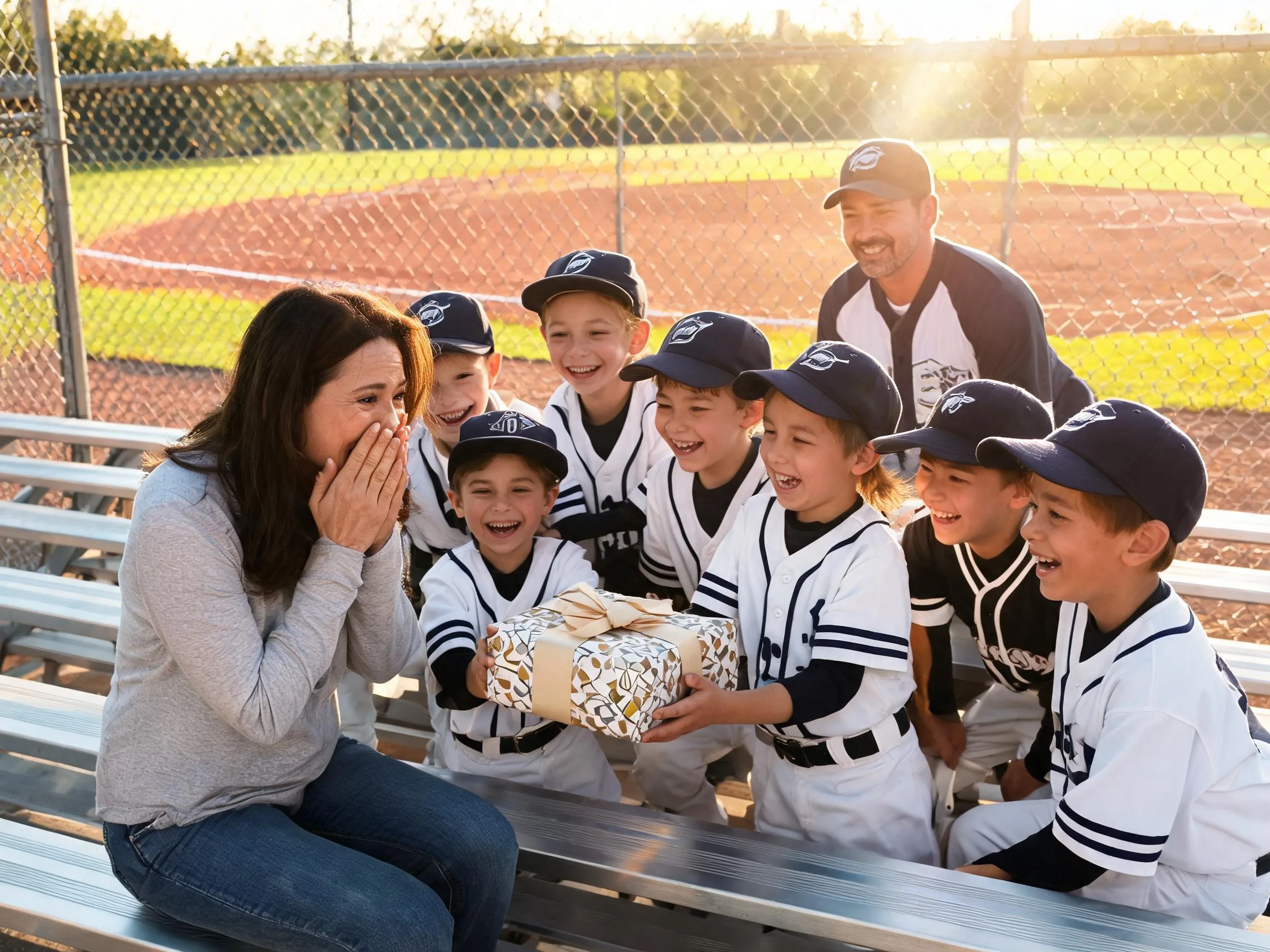Baseball team mom smiles with joyful surprise while receiving a gift from players.