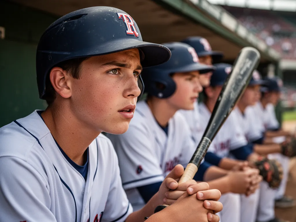 Young baseball player in dugout showing focused determination before stepping up to bat