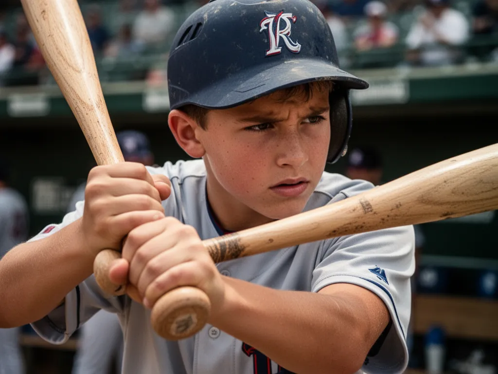 Young player's determined expression holding bat in dugout during game