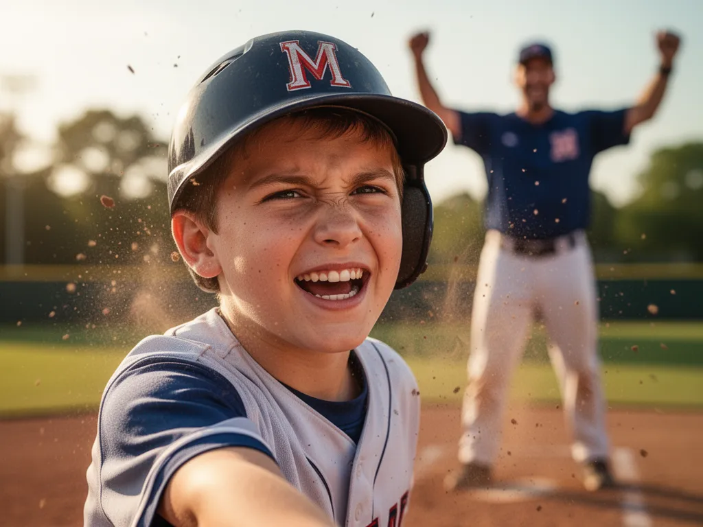 Young baseball player's determined expression celebrating a successful hit with coach in background