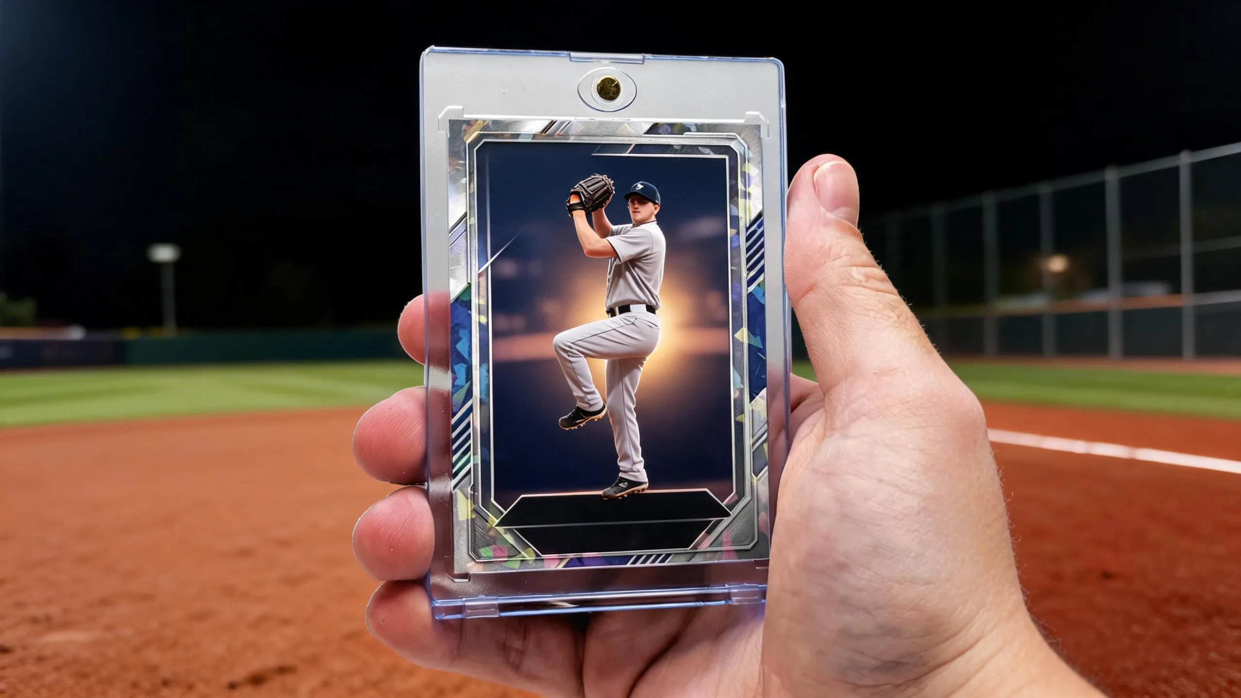 Hand holding magnetic case with baseball card for baseball tournament in georgia this weekend showcase.