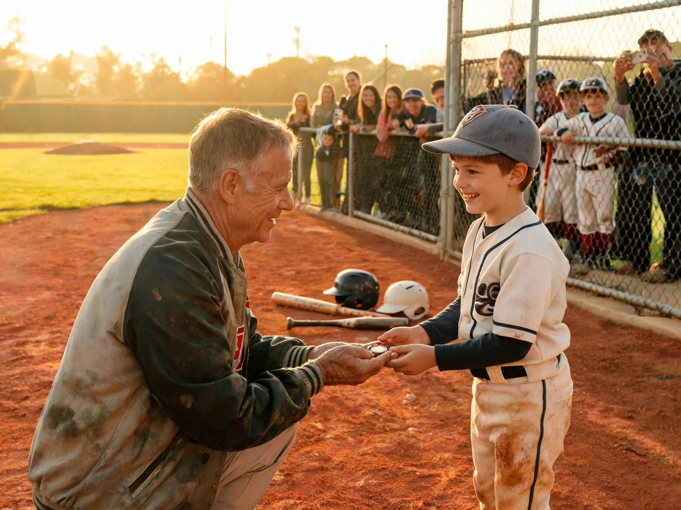 Coach and proud family share emotional moment at a sunlit youth baseball diamond.