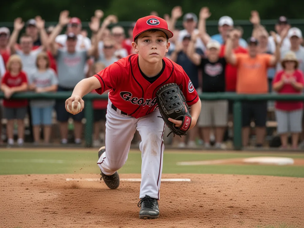 [Young baseball pitcher shows intense focus and determination during tournament game with supportive crowd behind him]