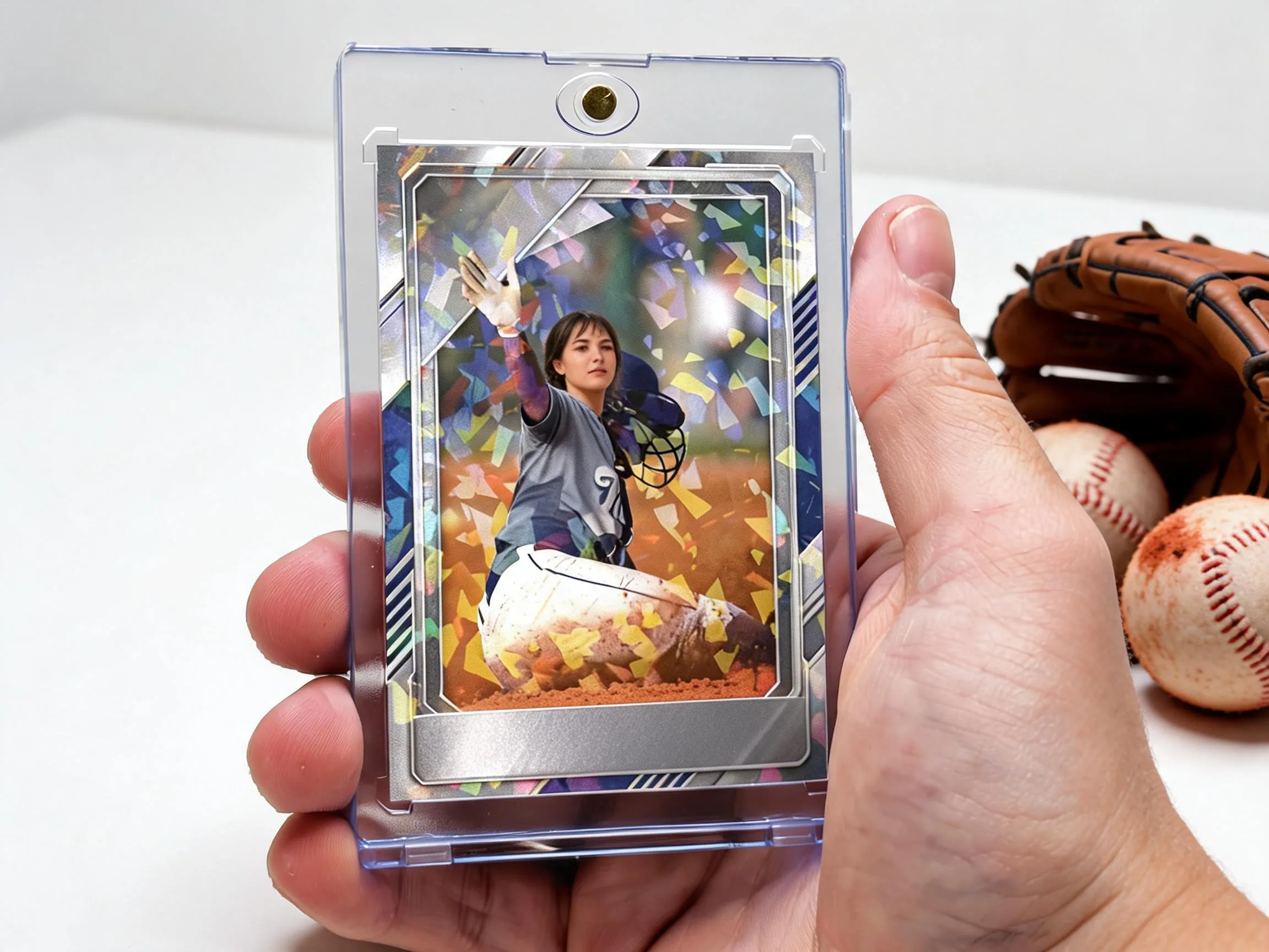 Custom baseball trading card in clear magnetic case displayed on white tabletop.
