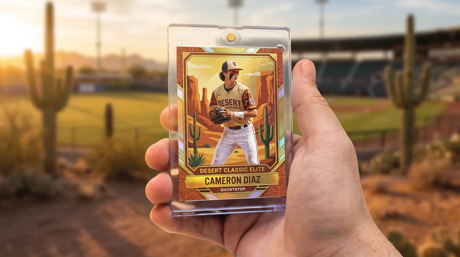 Custom tournament baseball trading card held up in front of a blurred desert ballpark