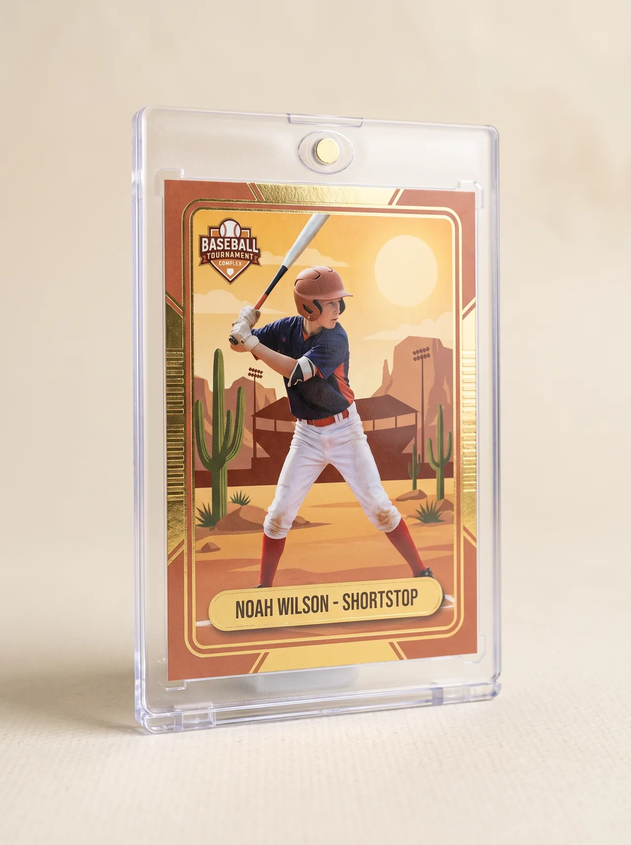 Custom tournament baseball trading card standing upright in a clear magnetic display case