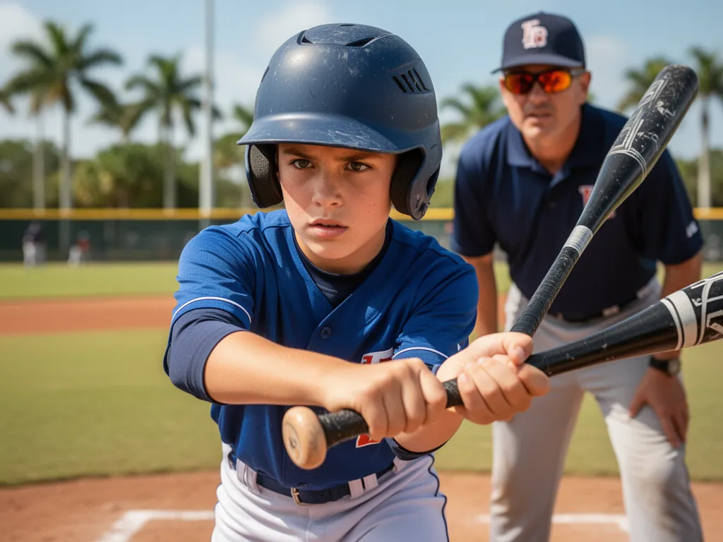 Young baseball player concentrating at bat during Florida tournament with coach watching in background
