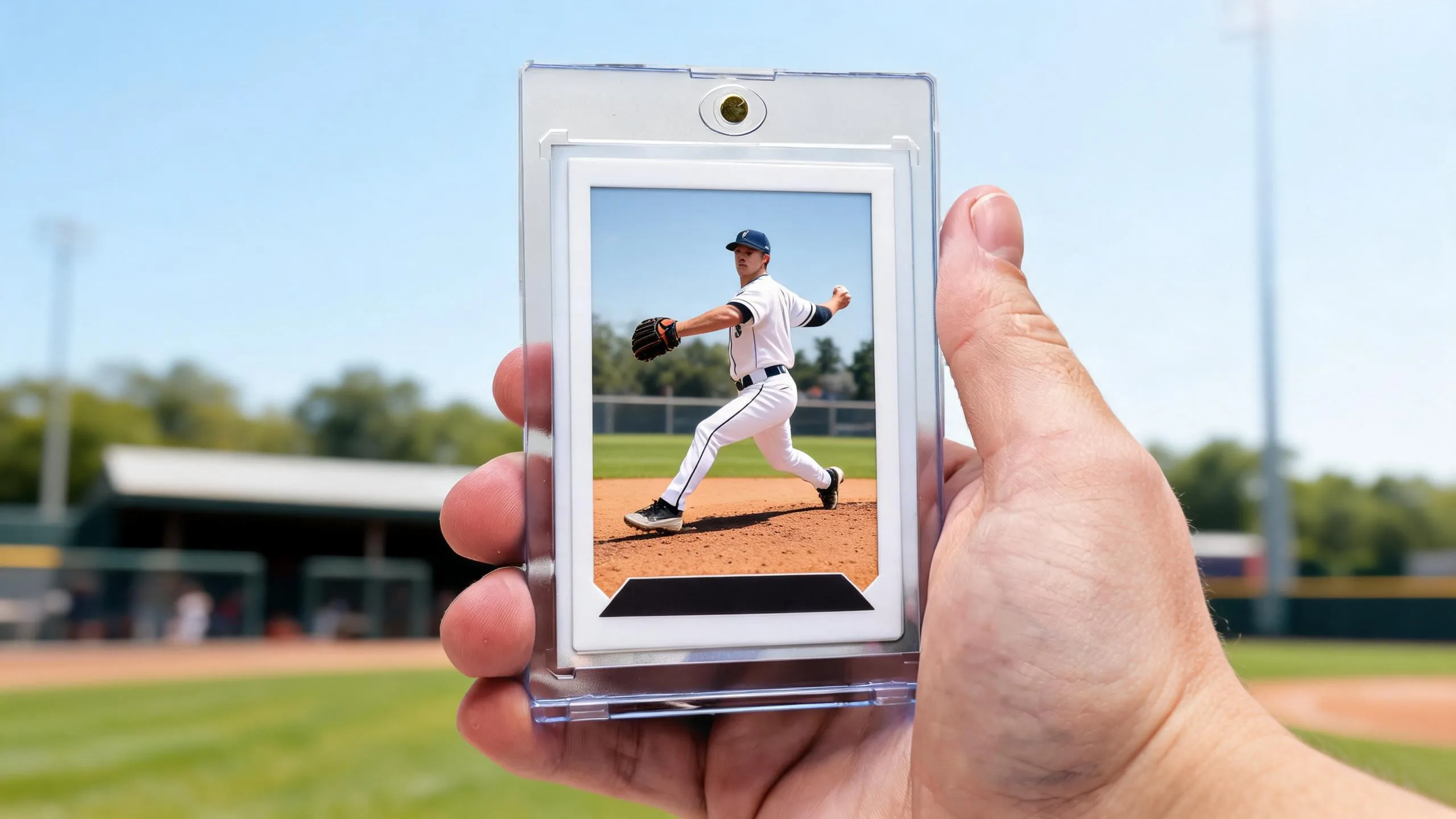 Hand holding magnetic case with baseball trading card size pitcher card, sunlit diamond background.