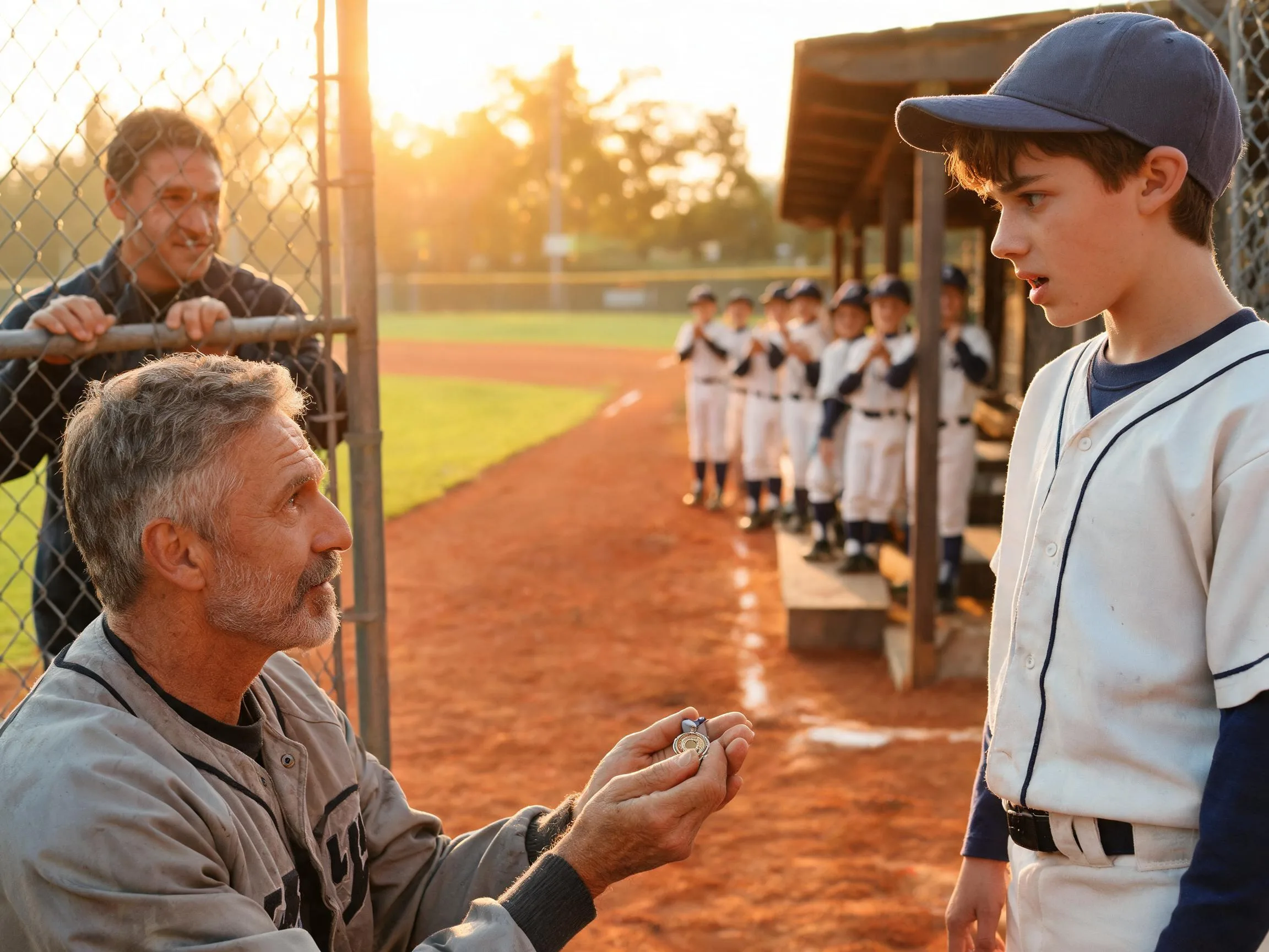 Coach shares proud moment with young athlete at sunlit baseball diamond dugout.