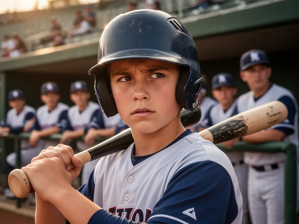 Young baseball player in helmet showing focused expression in dugout setting