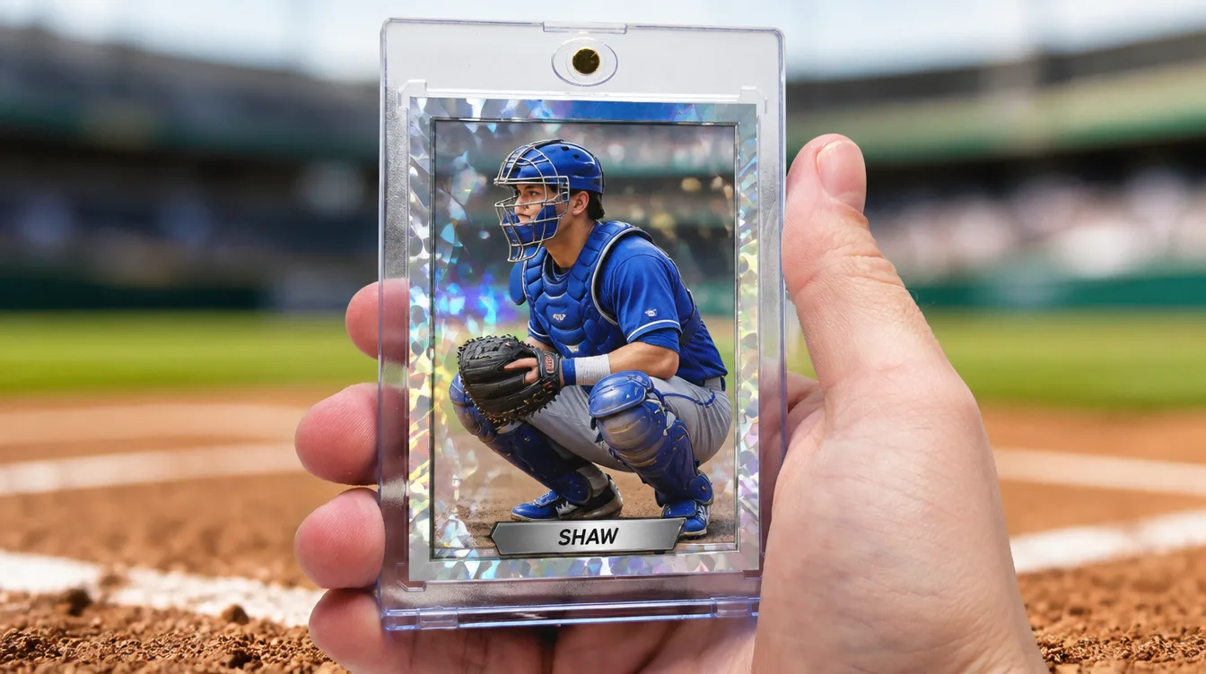 Custom baseball trading card held in a one-touch magnetic display case