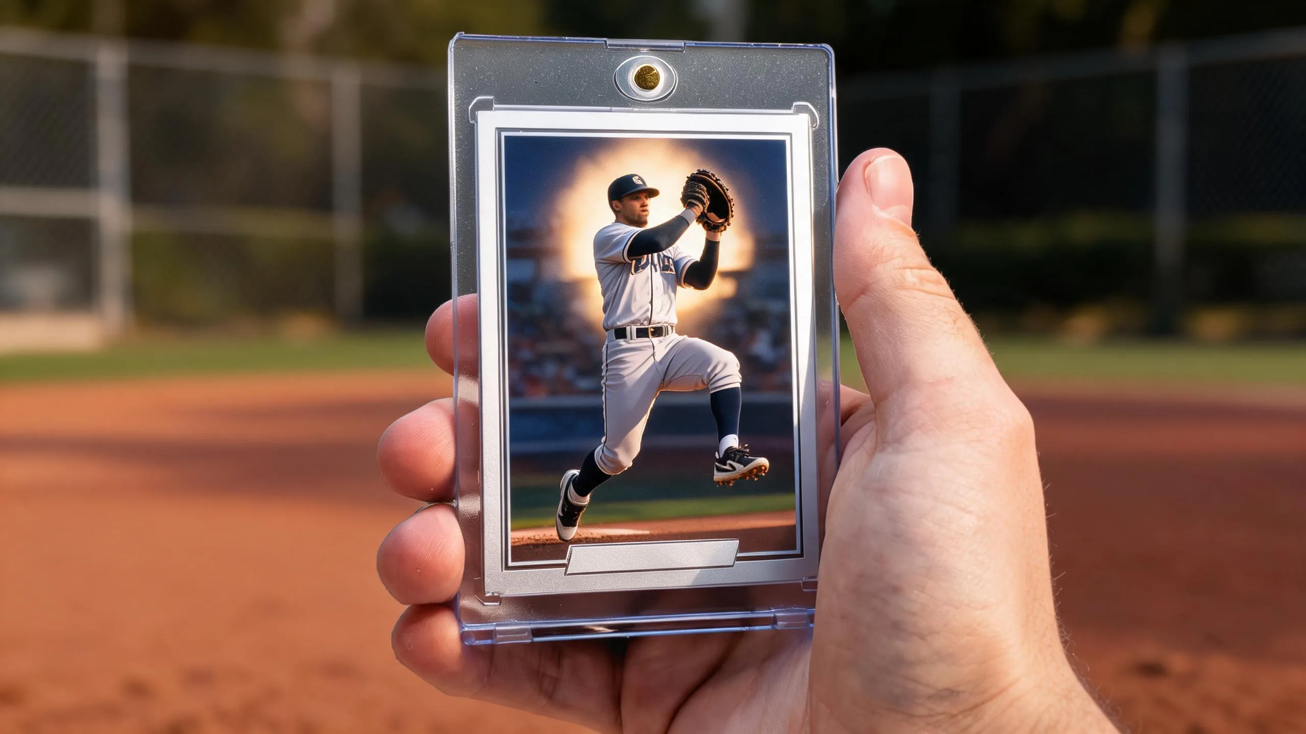 Hand holding magnetic case with baseball trading card, stadium-night double-play design, golden-hour light.