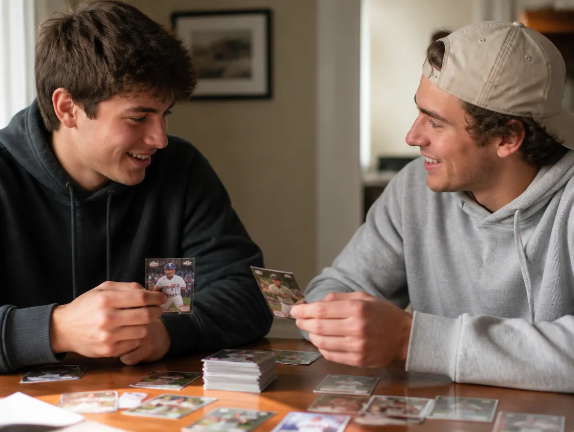 Two friends trading baseball cards across a table