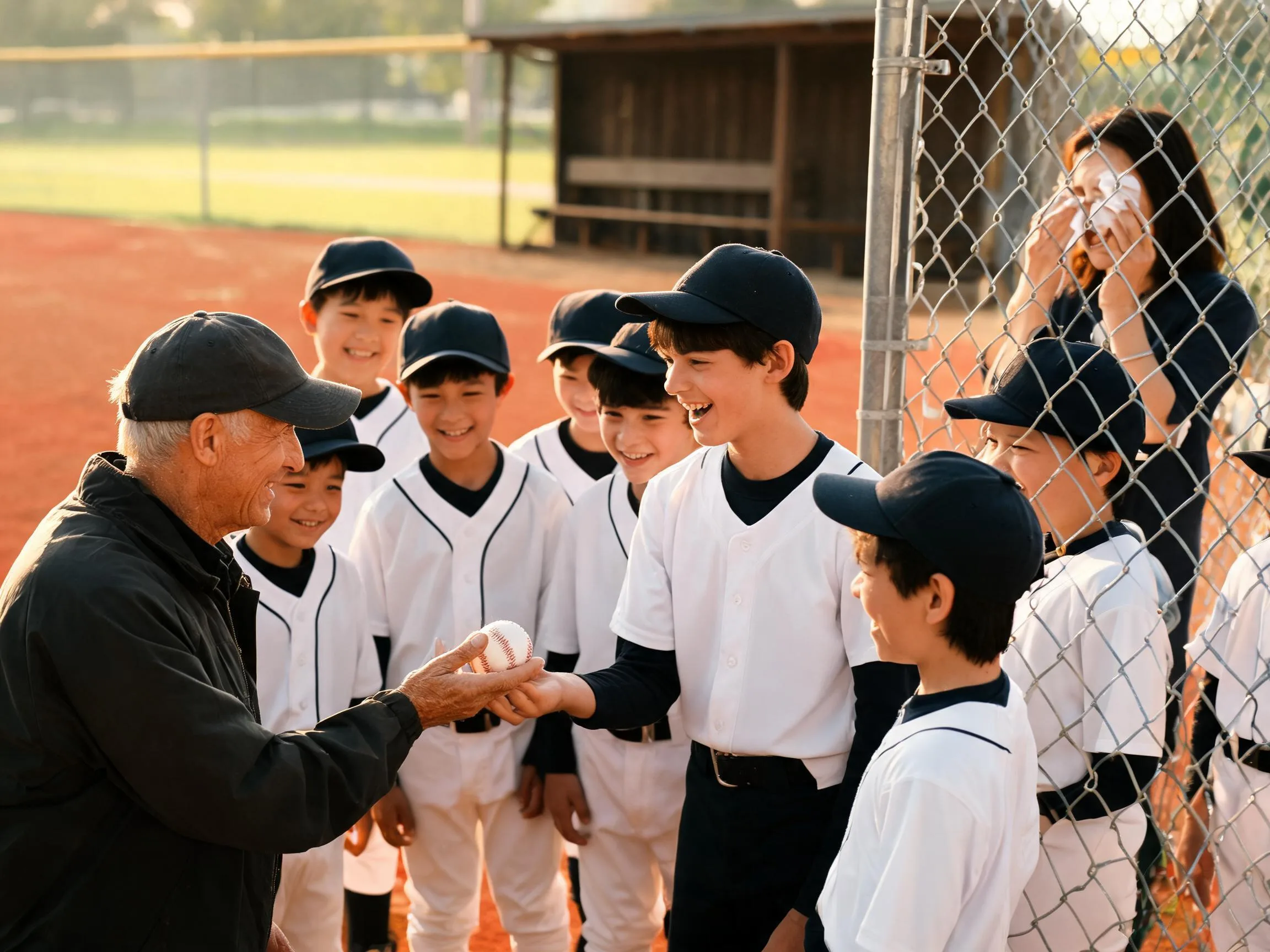 Coach and cheering teammates celebrate with a young baseball player near the dugout.
