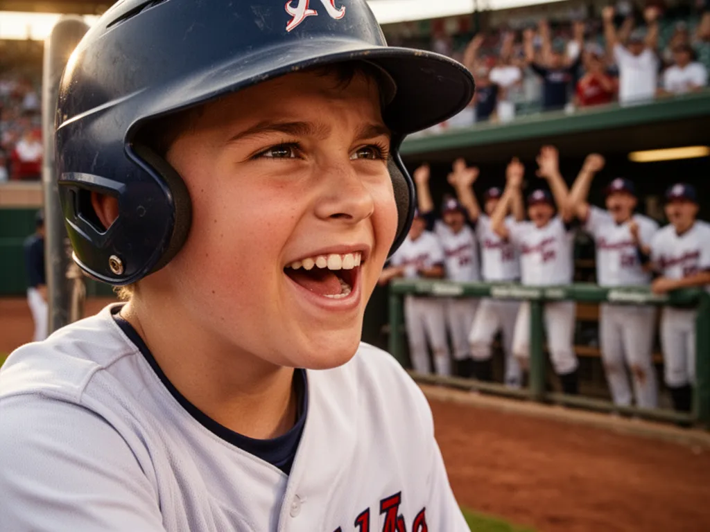 Young baseball player's proud emotional expression surrounded by celebrating teammates in dugout background