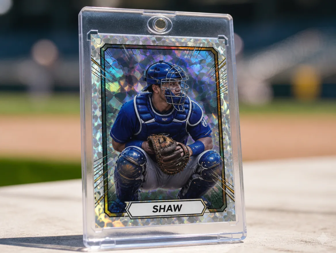 Custom baseball trading card standing in a premium magnetic case