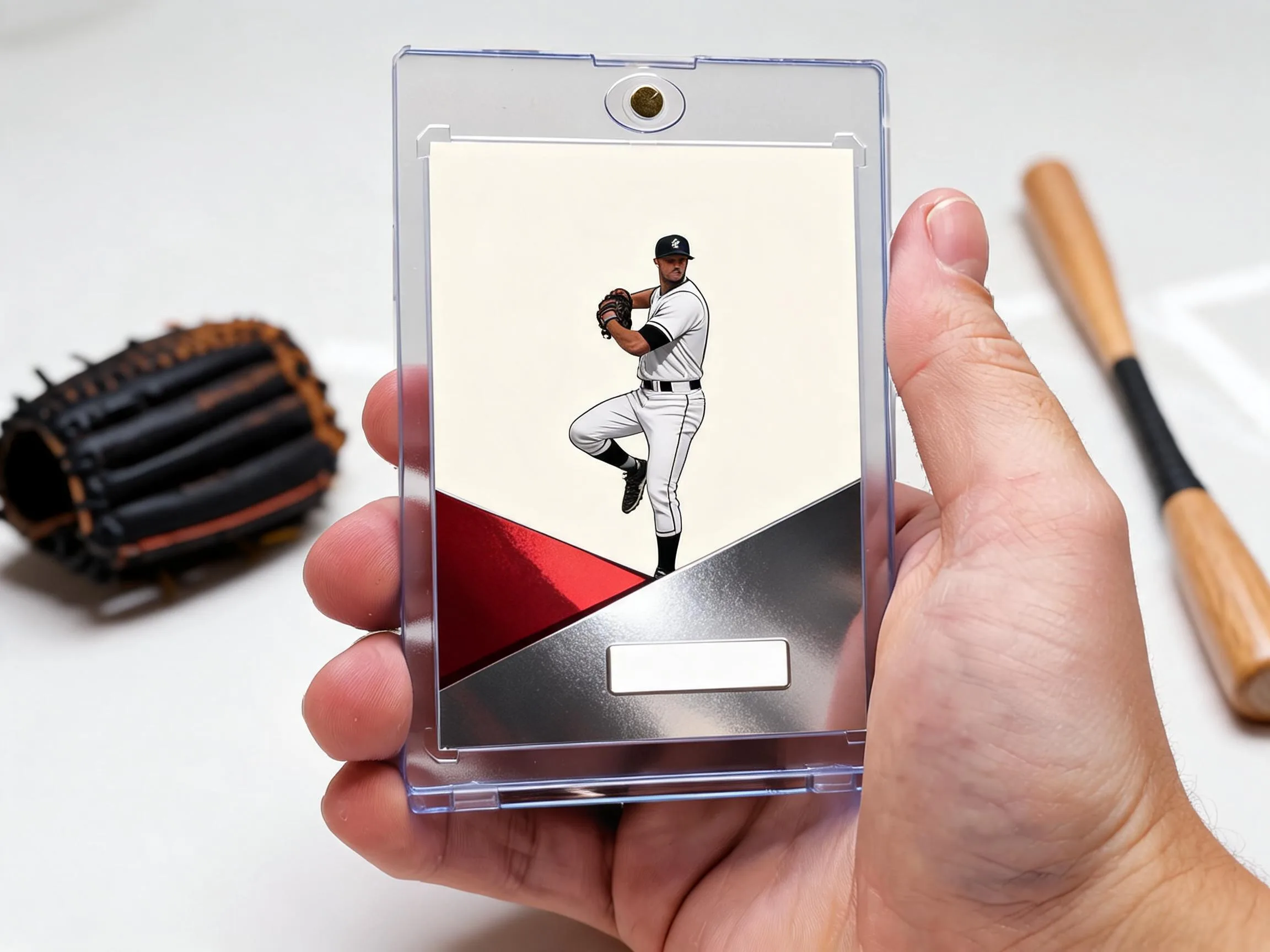 Custom baseball trading card in magnetic case, diagonal crimson metal band design, close-up product shot.