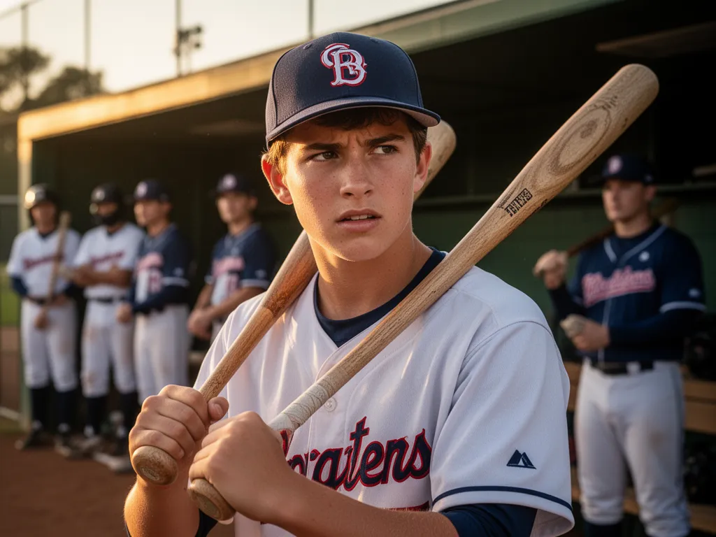 Young baseball player in uniform holding bat with focused expression and teammates visible behind
