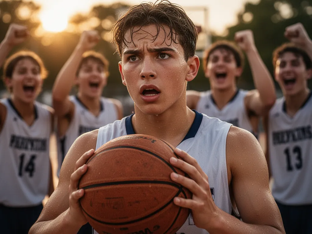 [Young basketball player with focused expression holding ball while teammates celebrate nearby]