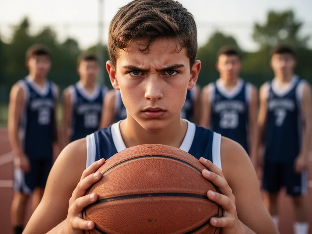 [Young basketball player with focused determination holding ball, teammates visible in background]