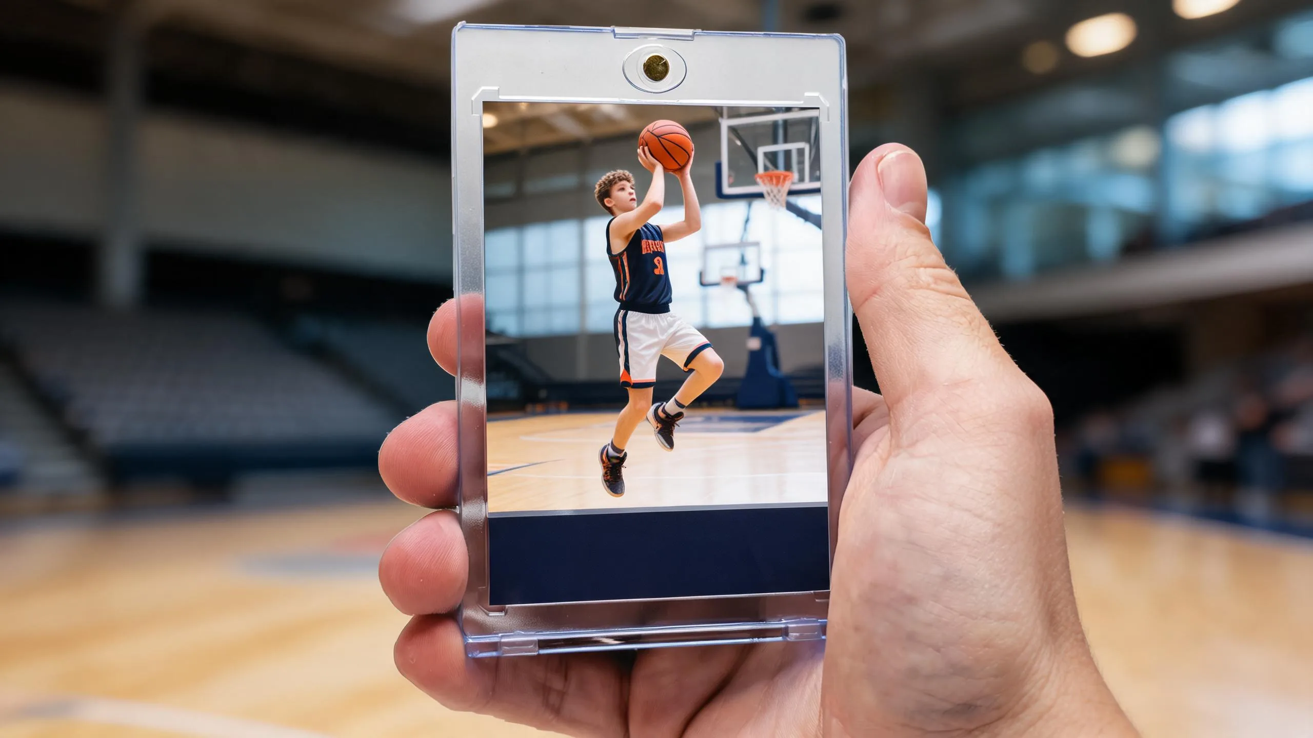 Hand holding magnetic case with custom basketball card — basketball card maker online free, gym background.
