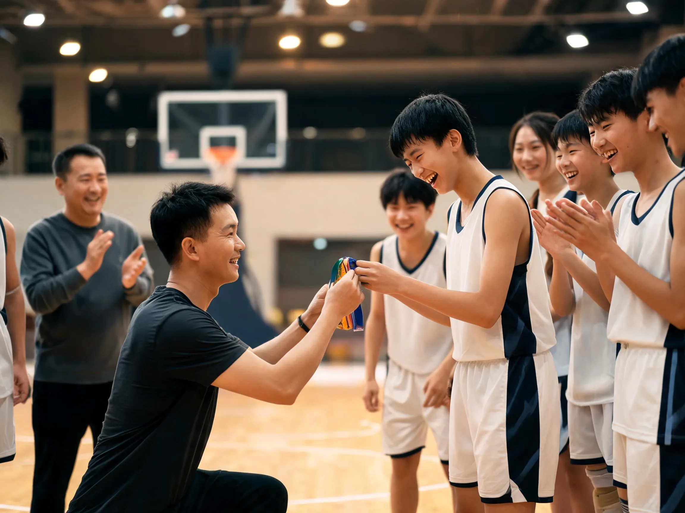 Coach and young athlete share proud celebration moment in sunlit gymnasium after game.