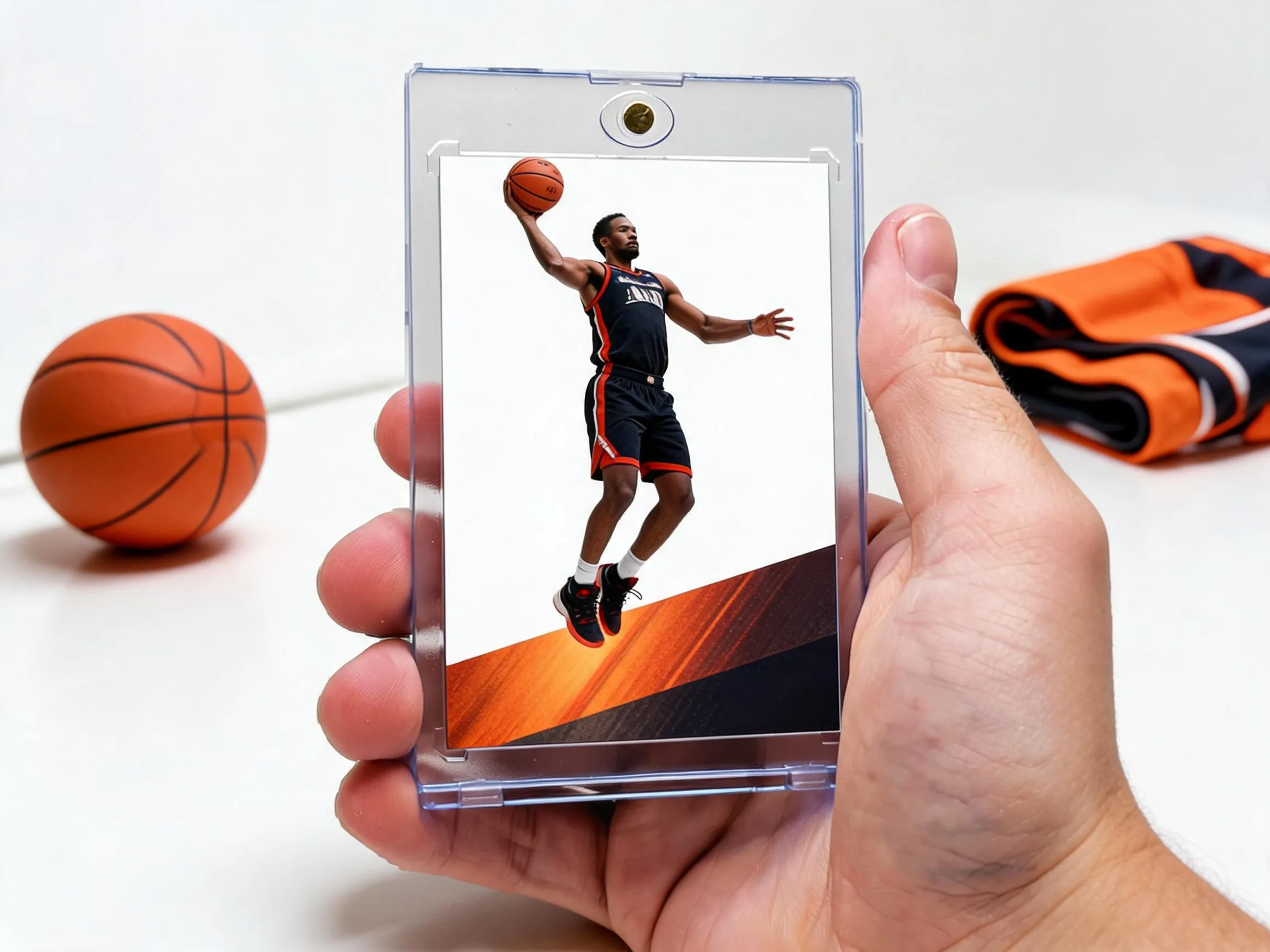 Custom basketball trading card in clear magnetic case on white tabletop display.