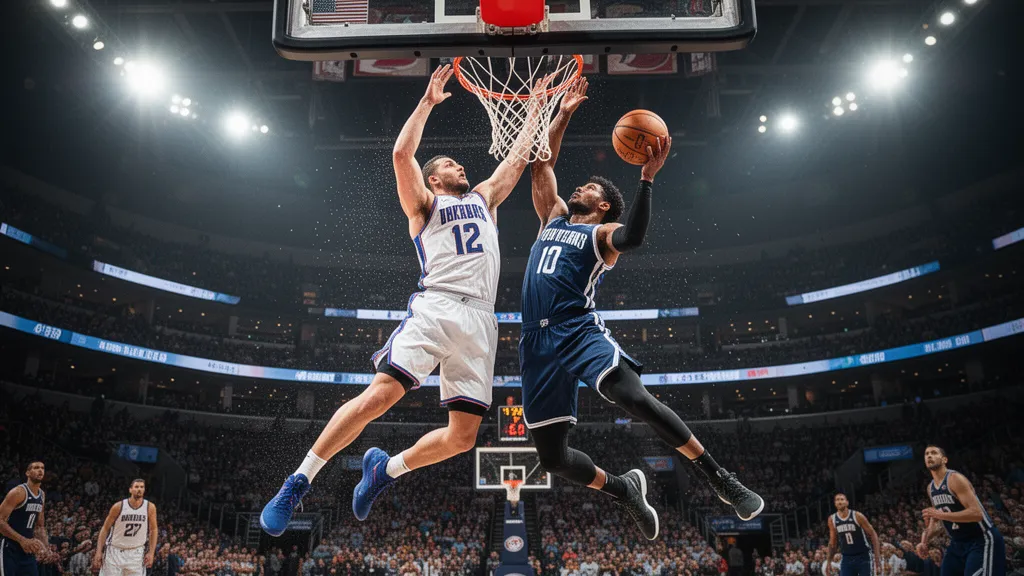 Basketball players in mid-game action with one athlete dunking while another defends