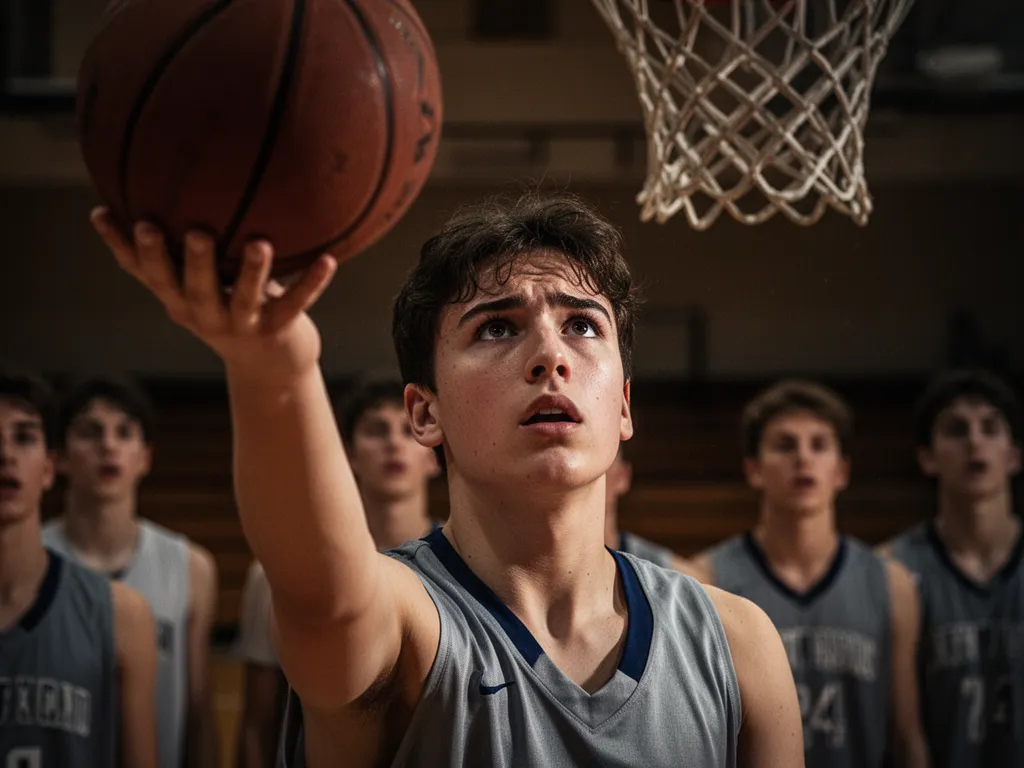 Young basketball player intensely focused during a free throw shot attempt
