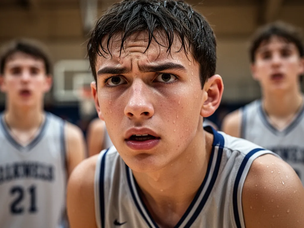 Young athlete's determined expression during intense basketball game competition