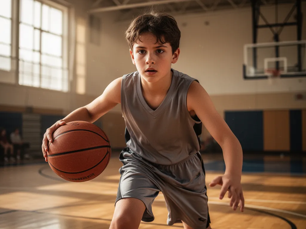 [Young basketball player concentrating intensely while dribbling ball in gymnasium]