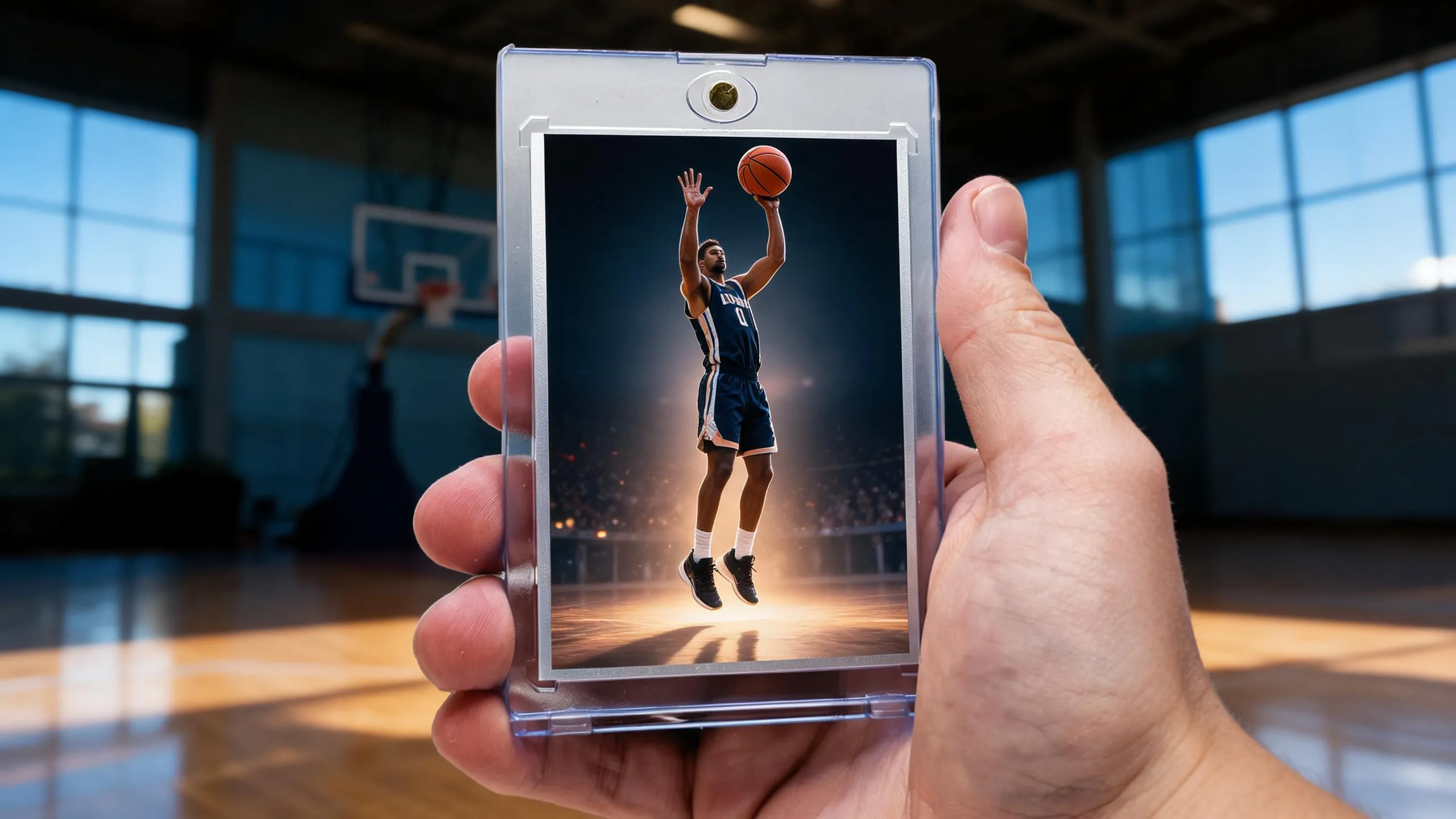 Hand holding magnetic case with custom basketball card, stylish basketball locker decorations on court.