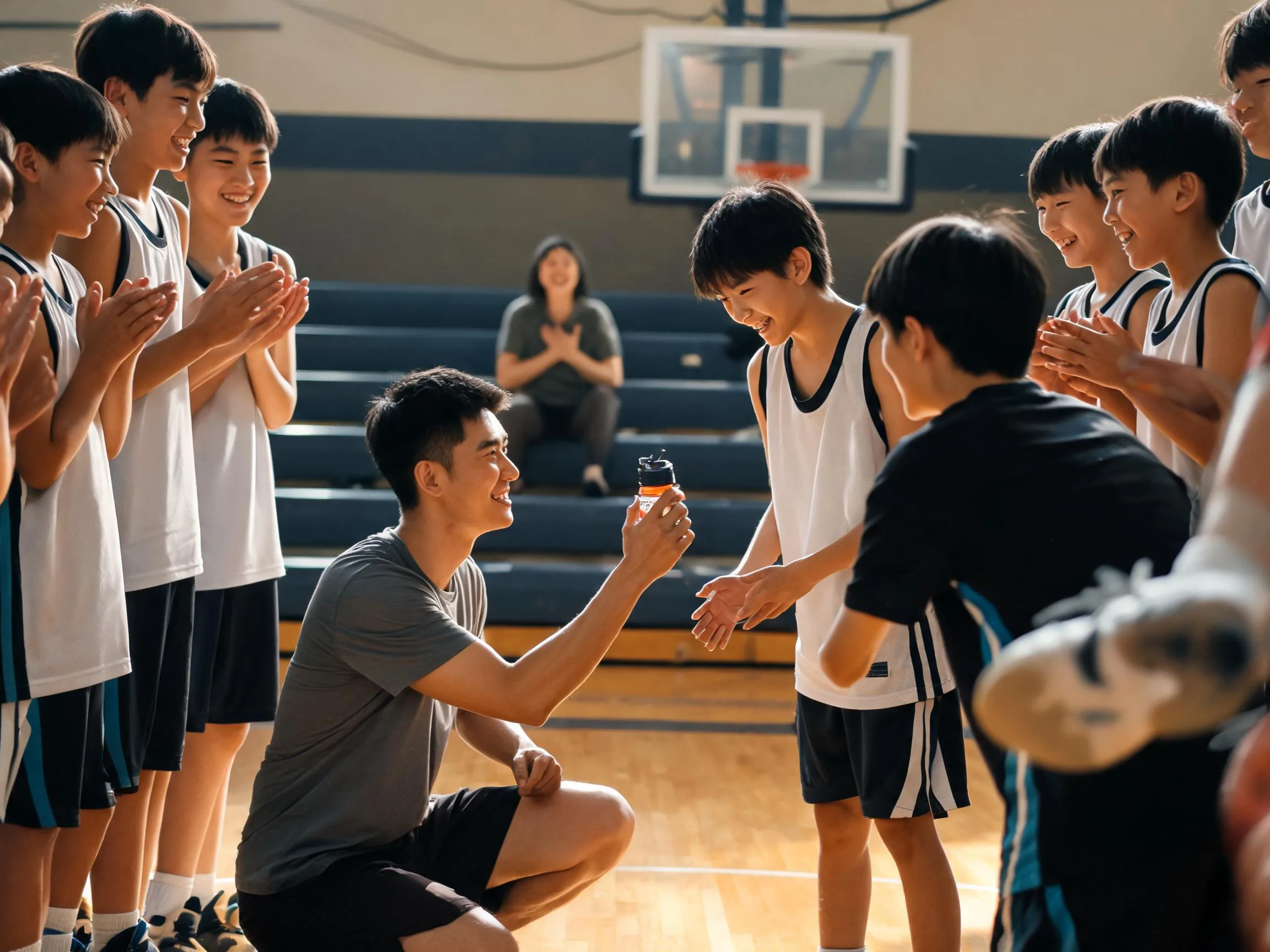 Coach and cheering teammates celebrate with young player on sunny basketball court.