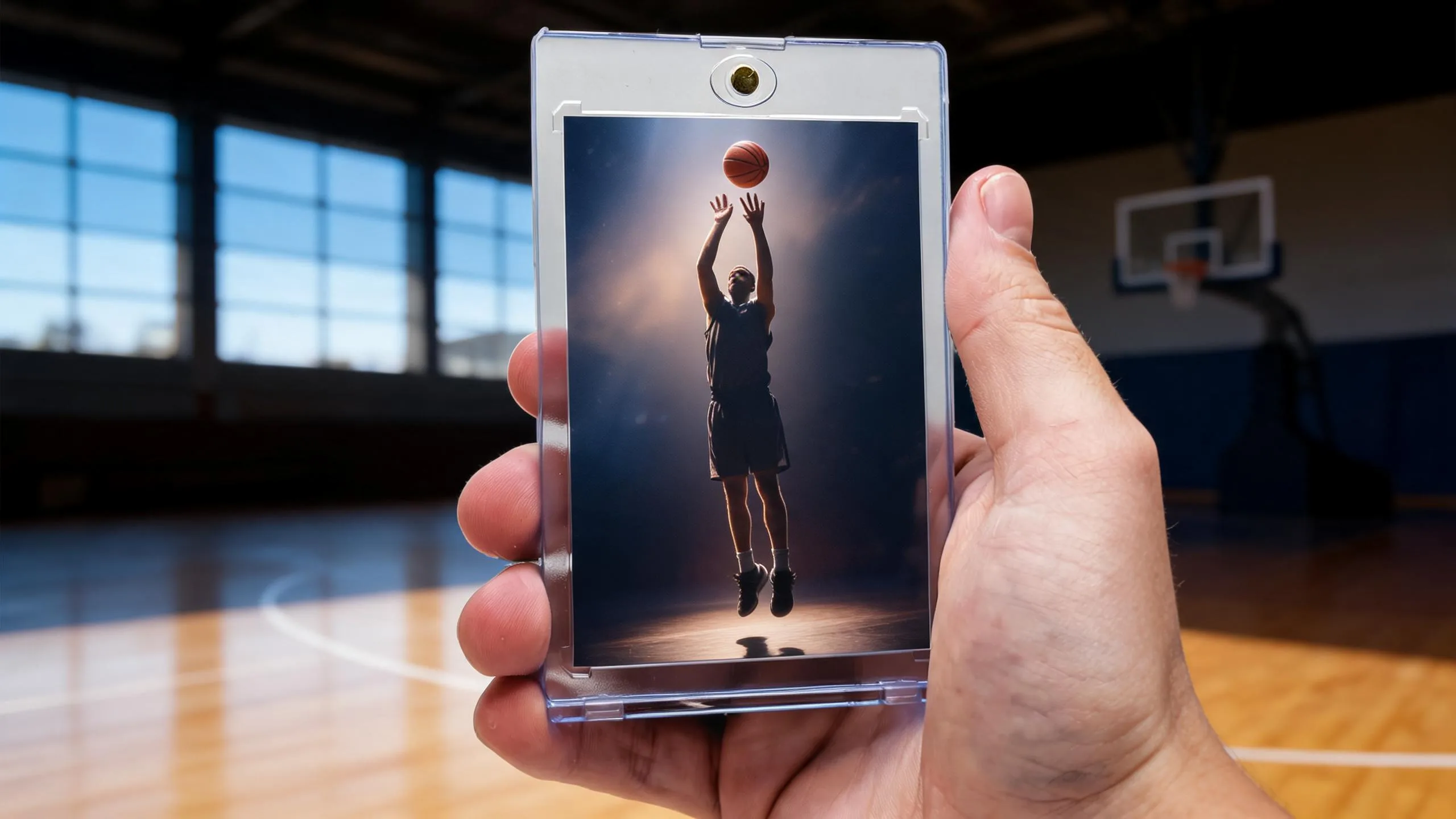 Magnetic case holding a custom basketball card, stadium-night design, for basketball senior banner ideas.