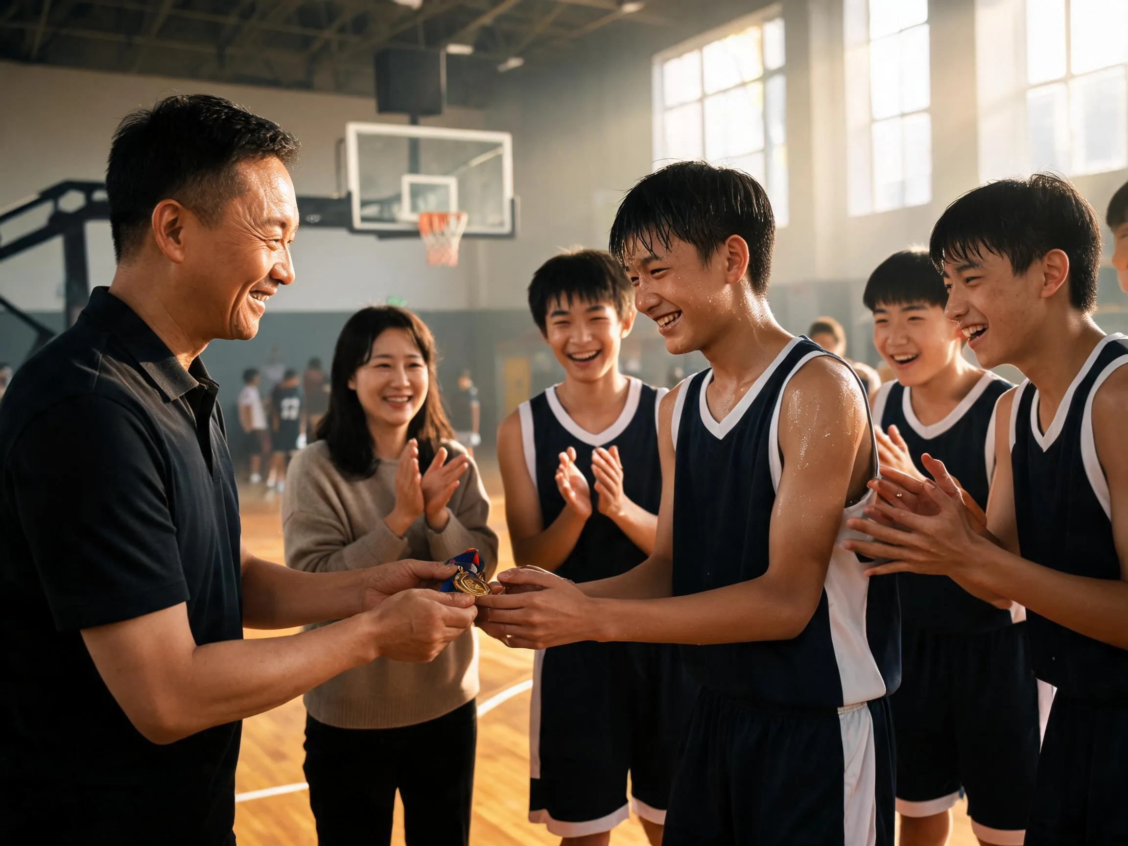 Coach and young basketball player share a proud celebratory moment on the court.