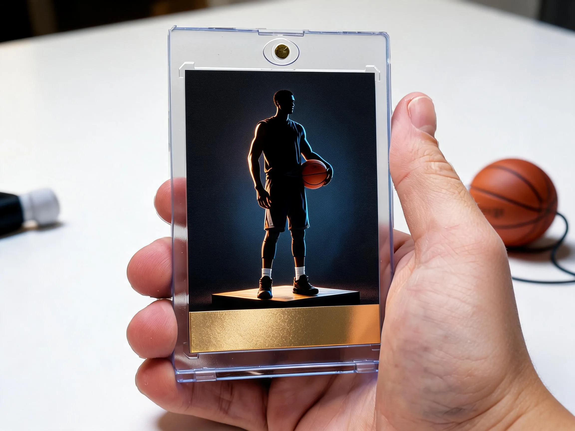 Custom basketball trading card in magnetic case, gold-foil accent, displayed on white tabletop.