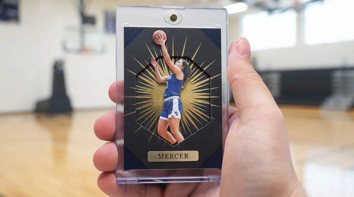 Hand holding magnetic case with gold foil basketball senior night ideas card, player mid-jump-shot.